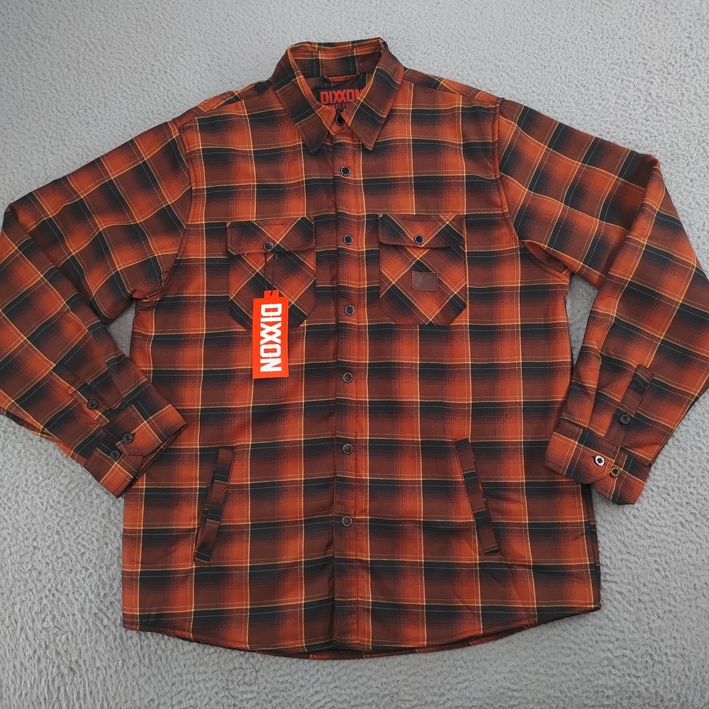 Dixxon Flannel Jacket Mens XL Orange Red Plaid Snap On High Impact Sherpa Lined